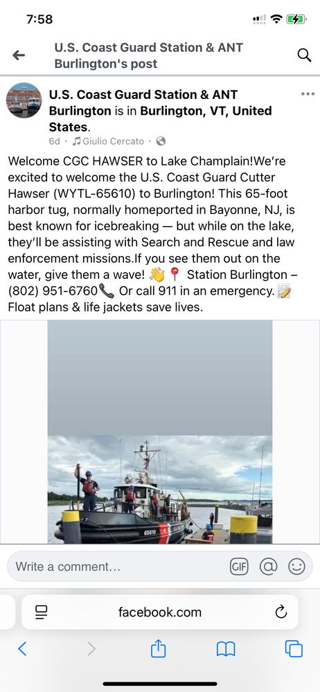 A Facebook post by the U.S. Coast Guard station in Burlington, VT, welcoming the CGC Hawser, a ship normally working out of New Jersey, to their port. They helpfully provide the station’s phone number: (802) 951-6760.