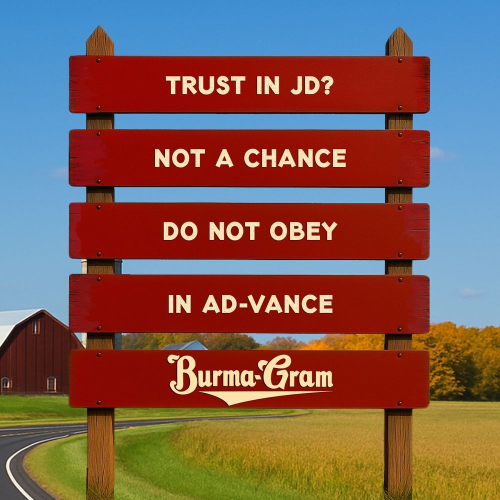 TRUST IN JD?

NOT A CHANCE

DO NOT OBEY

IN AD-VANCE

~ BURMA-GRAM
