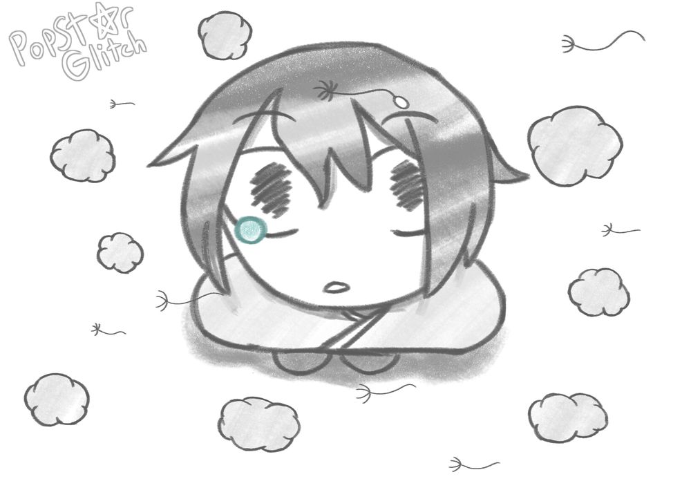A sketch-like drawing of Ash from Return to Ash. She stares up at the sky with teary eyes, alone in the dandelion field. Stray wisps of dandelions blow past her.