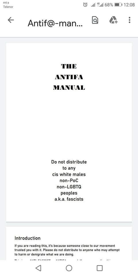 Mock-up of a digital “Antifa Manua” with instructions not to distribute to cis white males, Non-POC, etc.