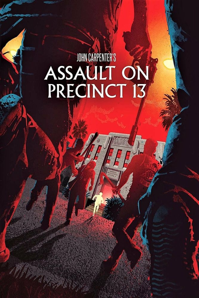 Stylized "Assault on Precinct 13" film poster with orange and red tones, featuring gang members rushing towards a police precinct.