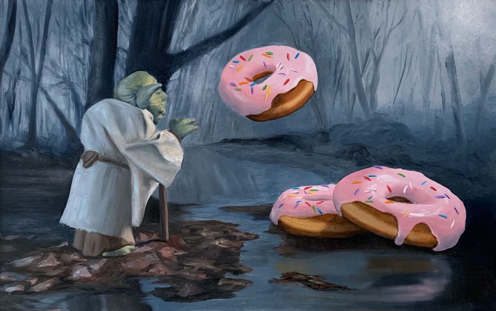 Oil painting by artist Lorn Curry showing the Star Wars character Yoda levitating a donut in the swamps of the planet Dagobah.