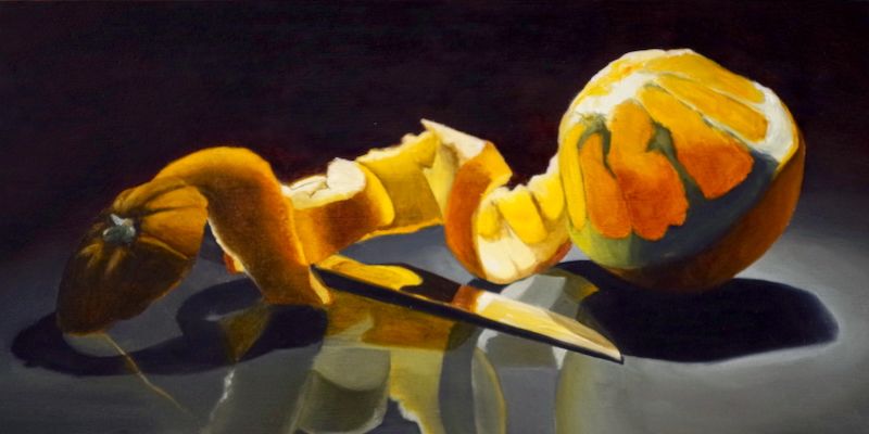 Oil painting by artist Lorn Curry showing a dramatically lit orange, peeled in a long ribbon shape.