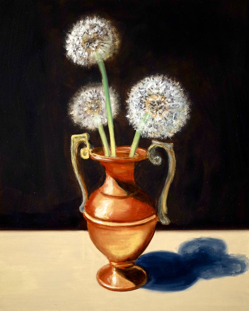 Oil painting by artist Lorn Curry showing three dandelion seed heads in a small copper urn.