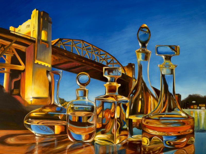 Oil painting by artist Lorn Curry of Vancouver's art deco era Burrard Bridge at dusk with, in the foreground, glass decanters bending light from both the sky and bridge.