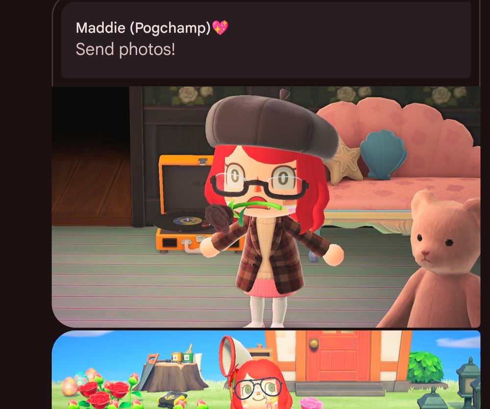 screenshot of my animal crossing character making a surprised expression