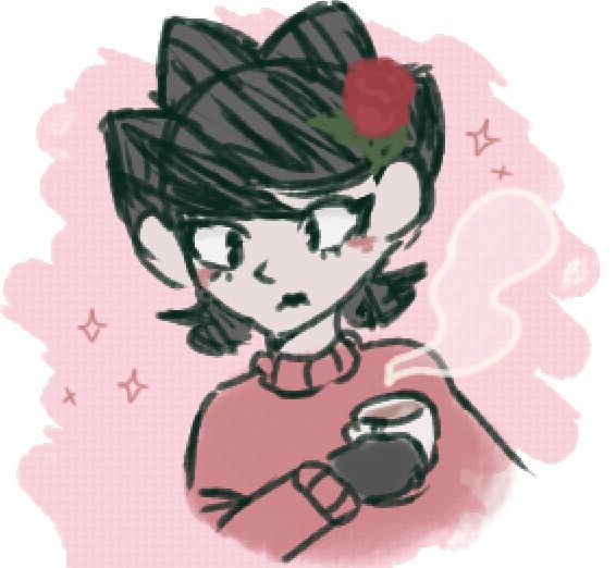 a messy drawing of charlie from dont starve. she's holding a warm, steaming beverage and wearing a cozy red sweater.