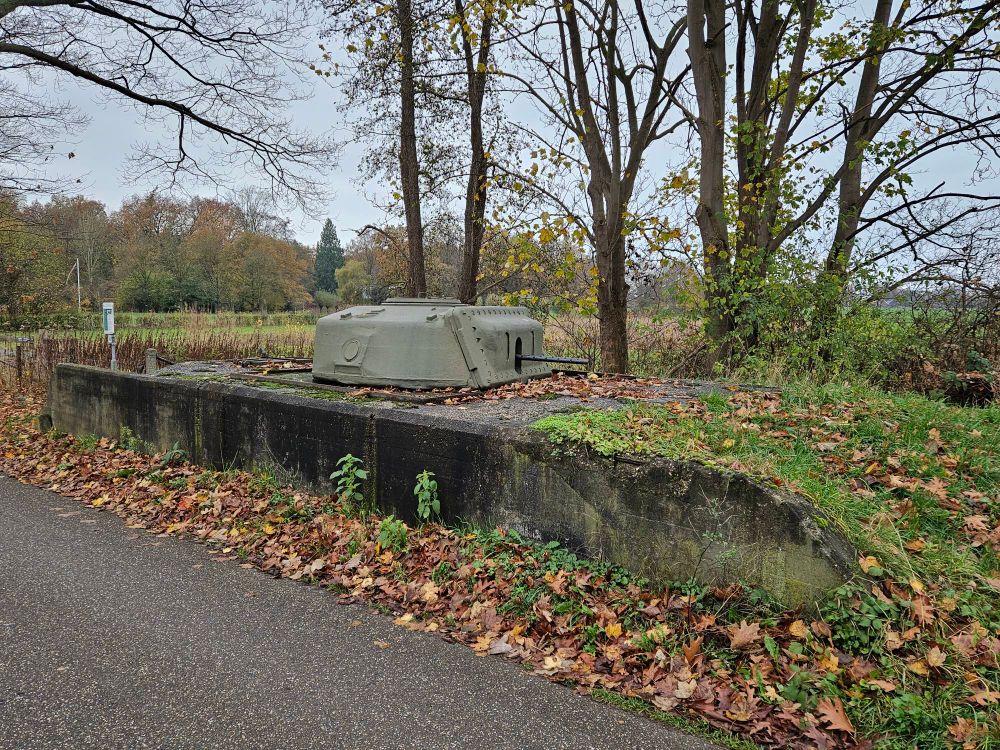 Kazemat (uit de koude oorlog) met 'geschut' langs een weg voor een coulissenlandschap 