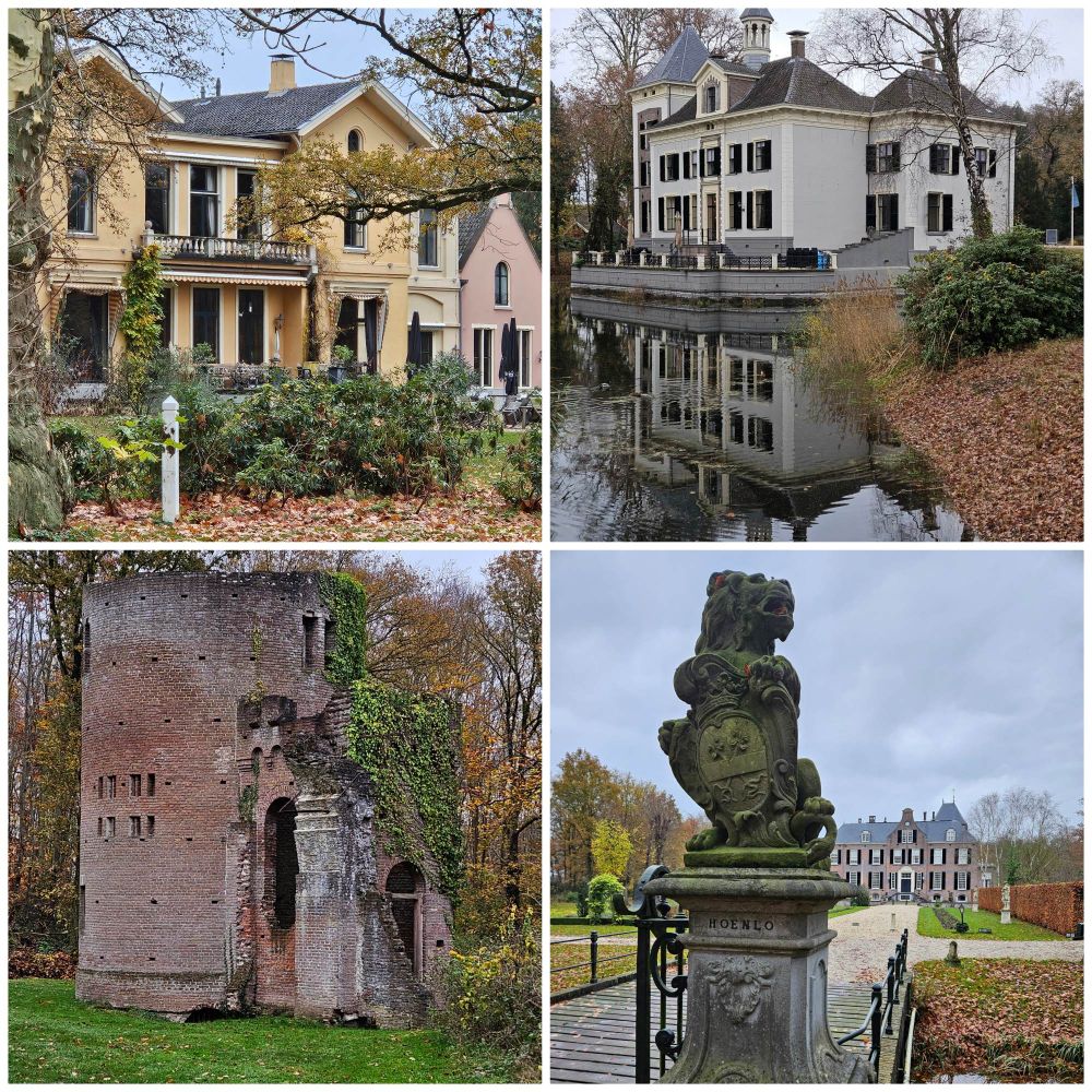 Collage van landhuizen dan wel kastelen, en een follyruïne