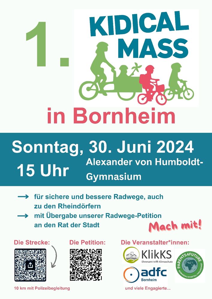 Poster mit Infos zur 1. Kidical Mass in Bornheim am 30.06.2024. Start ist am AvH um 15 Uhr.