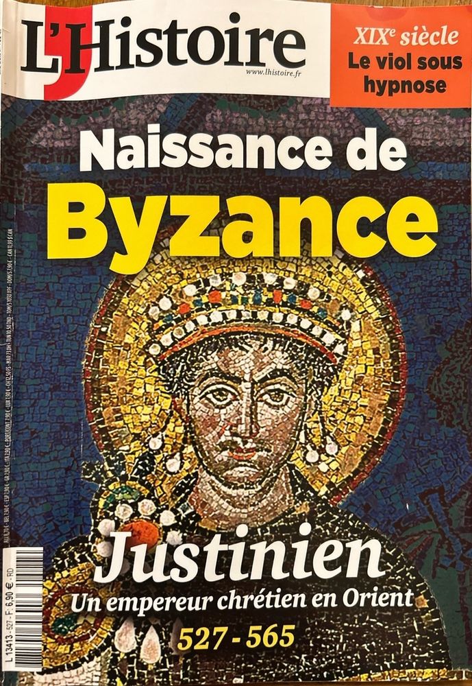 Couverture du magazine l’Histoire représentant une mosaïque de l’empereur Justinien à Ravenne 