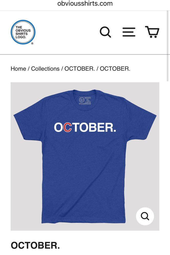 Screenshot of a blue shirt with the word October on it where the C is the Cubs logo. 