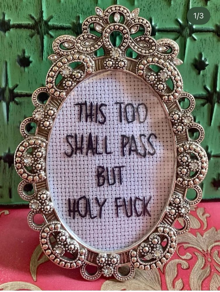 Finished cross stitch project that says this too shall pass but holy fuck