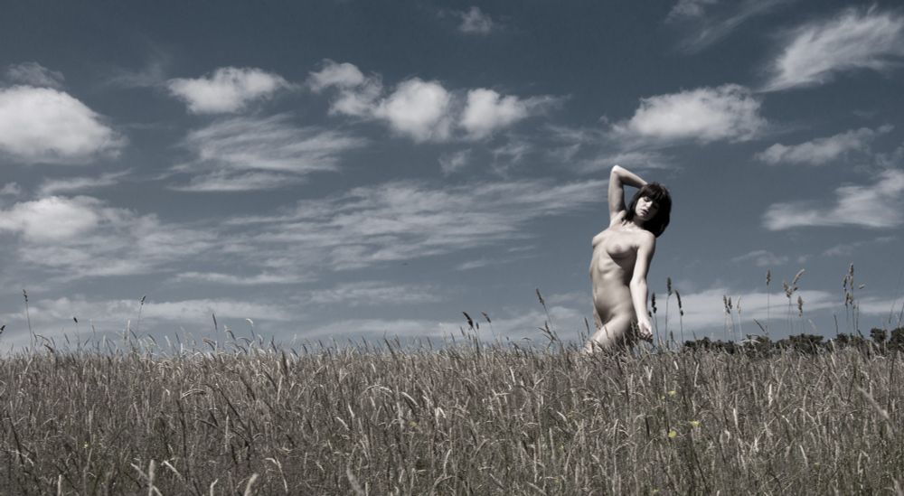 a naked woman in a corn field