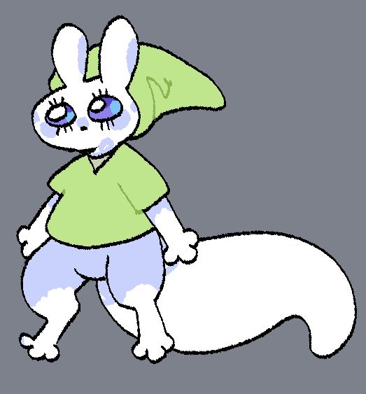 daydreamer (A white and lavender slugcat) dressed up in green clothes resembling Link from the legend of zelda
his gaze is empty because he has no thoughts only a want for candy