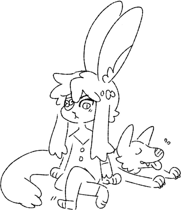 A ffxiv viera male with his legs crossed staring down. Hes resting next to a content direwolf