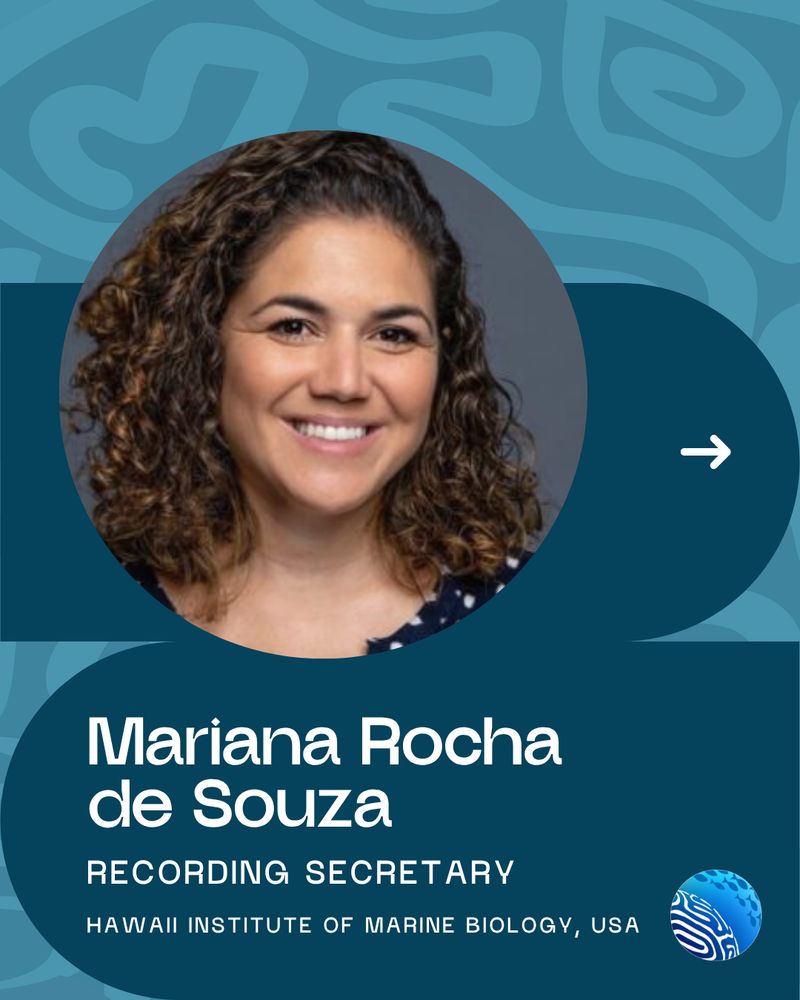 The background has a light blue tone with a faint brain coral pattern. Across the upper half of the page, there is a horizontal darker blue band separating the patterned background from the main portrait area. At the center of the page is a circular photo of Mariana Rocha de Souza, who is smiling and wearing a dark blue t-shirt with white polka dots. Below her photo, in uppercase white text, it reads “MARIANA ROCHA DE SOUZA” and directly underneath, “RECORDING SECRETARY”. Beneath that, in smaller white uppercase letters, it says “HAWAII INSTITUTE OF MARINE BIOLOGY, USA.” In the lower right corner of the page is a small ICRS logo, as described previously.