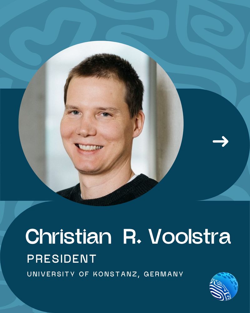 The background has a light blue tone with a faint brain coral pattern. Across the upper half of the page, there is a horizontal darker blue band separating the patterned background from the main portrait area. At the center of the page is a circular photo of Christian R. Voolstra, who is smiling and wearing a black sweater. Below his photo, in uppercase white text, it reads:“CHRISTIAN R. VOOLSTRA” and directly underneath, “PRESIDENT.” Beneath that, in smaller white uppercase letters, it says: “UNIVERSITY OF KONSTANZ, GERMANY”. In the lower right corner of the page, there is a small ICRS logo, as previously described.