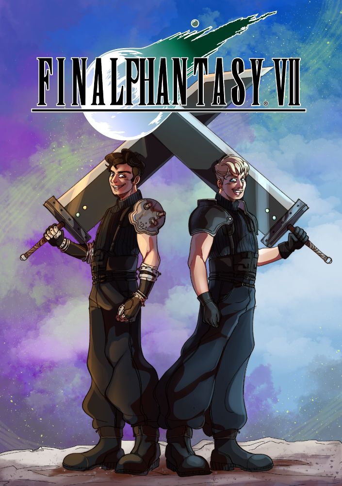 dan (left) and phil (right) as cloud and zack from final fantasy 7. They are standing on a cliffside, with dan having a purple cloudy background behind him that fades into a blue on phil's side. the final fantasy 7 logo is above them, edited to say "final phantasy 7". they are looking toward the viewer and smiling