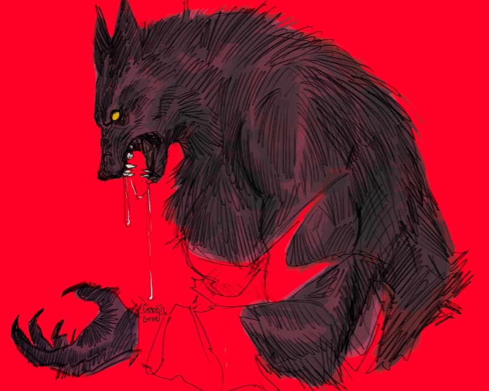 A half body of a snarling werewolf facing left on a bright red background. Her yellow eyes glare without pupils and there’s is drool dripping from her open maw. The unfinished implications of a shirt are tattered around the lower half of her torso and her left hand is raised to waist height to show her claws.