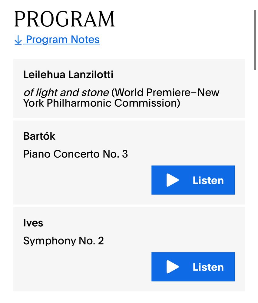 New York Philharmonic program. Lanzilotti, Bartok, and Ives.
