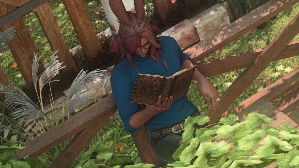 Screenshot from FFXIV. A Viera is sitting outside, reading a book.