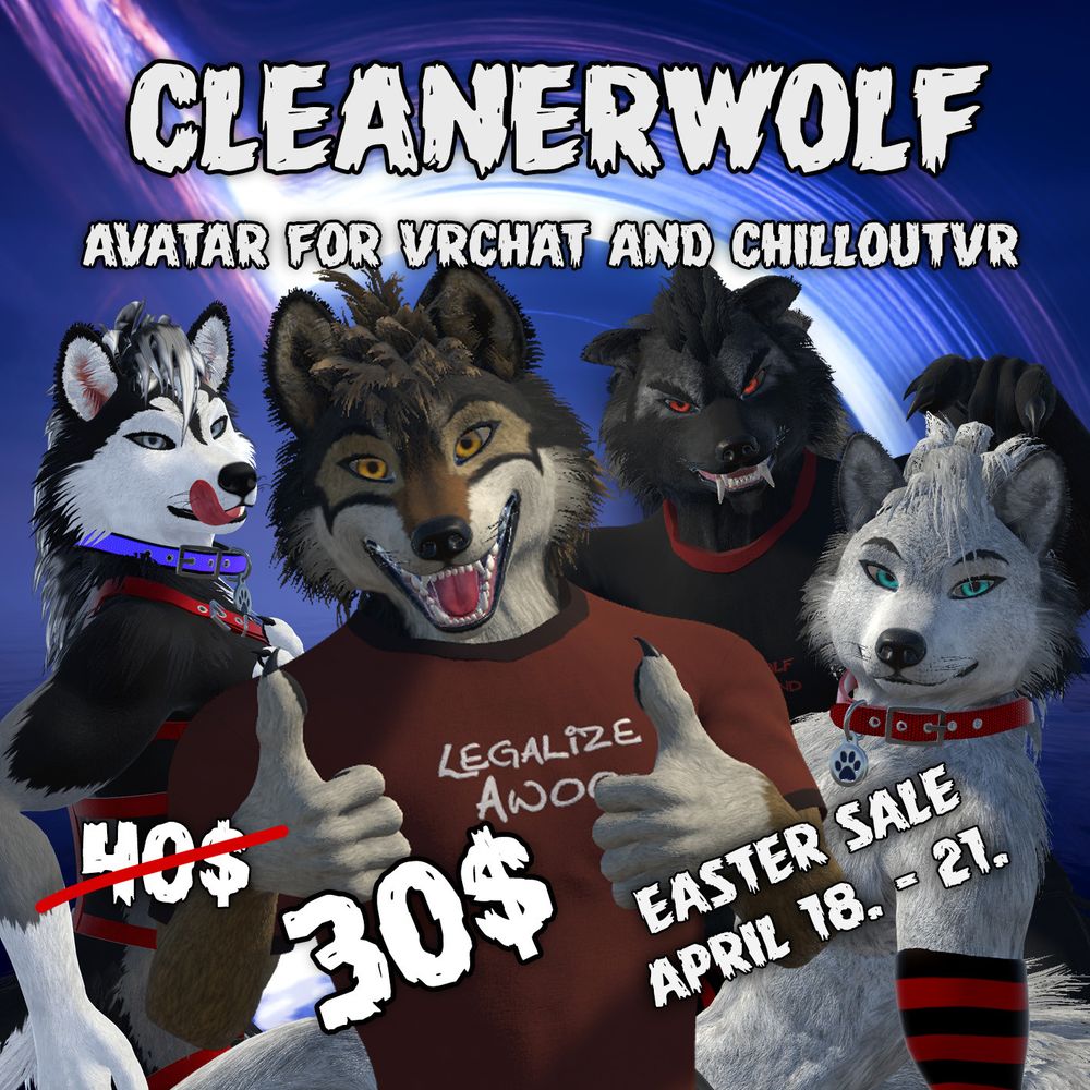 Thumbnail image of the CleanerWolf avatar, promoting the easter sale.