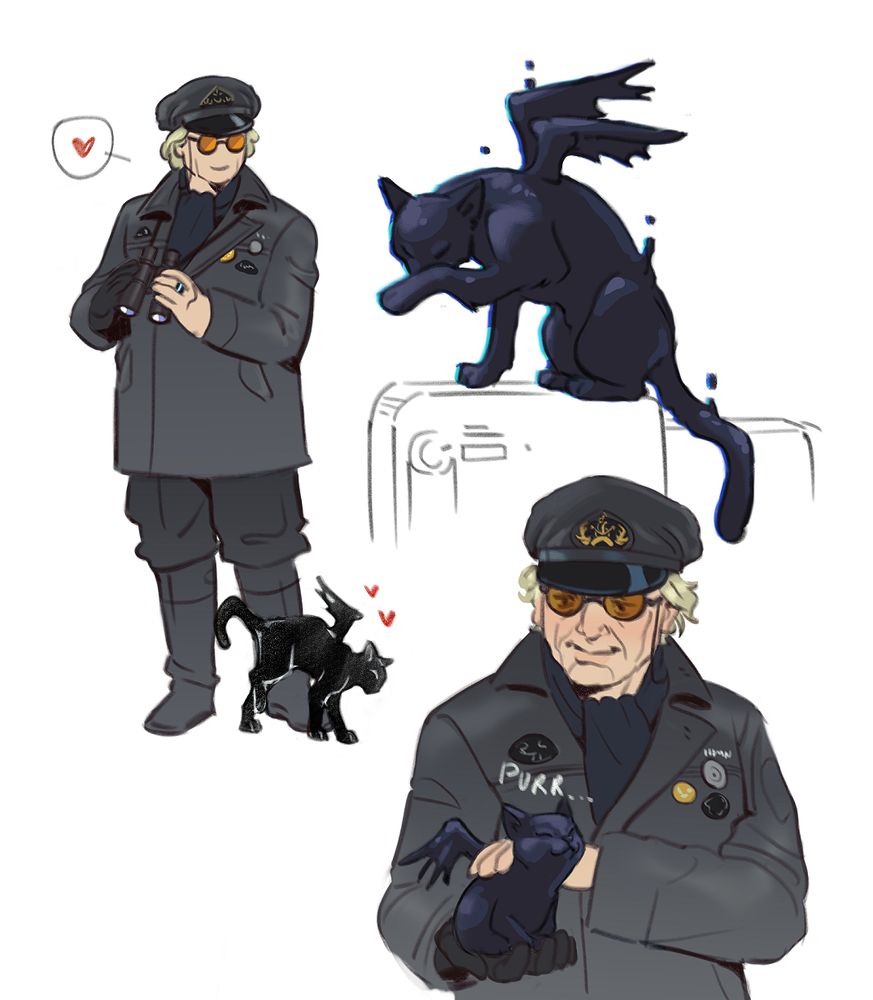 Digital drawings of Tarman and the tarcat from Death Stranding 2. On the left, Tarman is holding his binoculars while looking at the tarcat endearingly. On the top right, the tarcat is cleaning itself. On the bottom right, Tarman is holding the cat, making it purr.