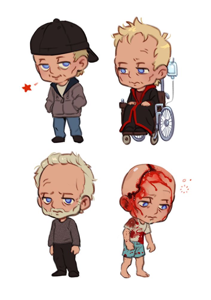 4 Chibi drawings of John Kramer.
Top left/Saw 3D: he's wearing a hoodie, jeans and a cap, looking at the viewer with a cheeky look.
Top right/Saw II, he's wearing his cloak and sitting in a wheelchair, there are infusion bags behind him.
Bottom left/Saw X: he's wearing a grey sweatshirt and black pants and looking at the viewer.
Bottom right/Saw I: He's bald with his body and clothes covered in blood, he has a tiny goatee.
