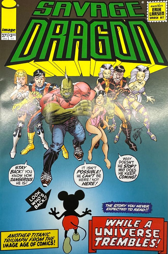 「Savage Dragon」271号(2024,Image)の表紙。マルコムたちに不気味ににじりよるミッキーマウスが描かれている