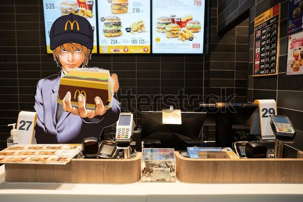 Light yagami working at mcdonalds handing out burger.