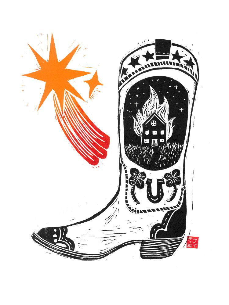 a linocut print of a cowboy boot and a shooting star. the boot is printed in black and features a burning house in the night on the shaft, with stars, 4-leaf clovers, and a horseshoe decorating around it. The star is printed in an orange-to-red rainbow roll.