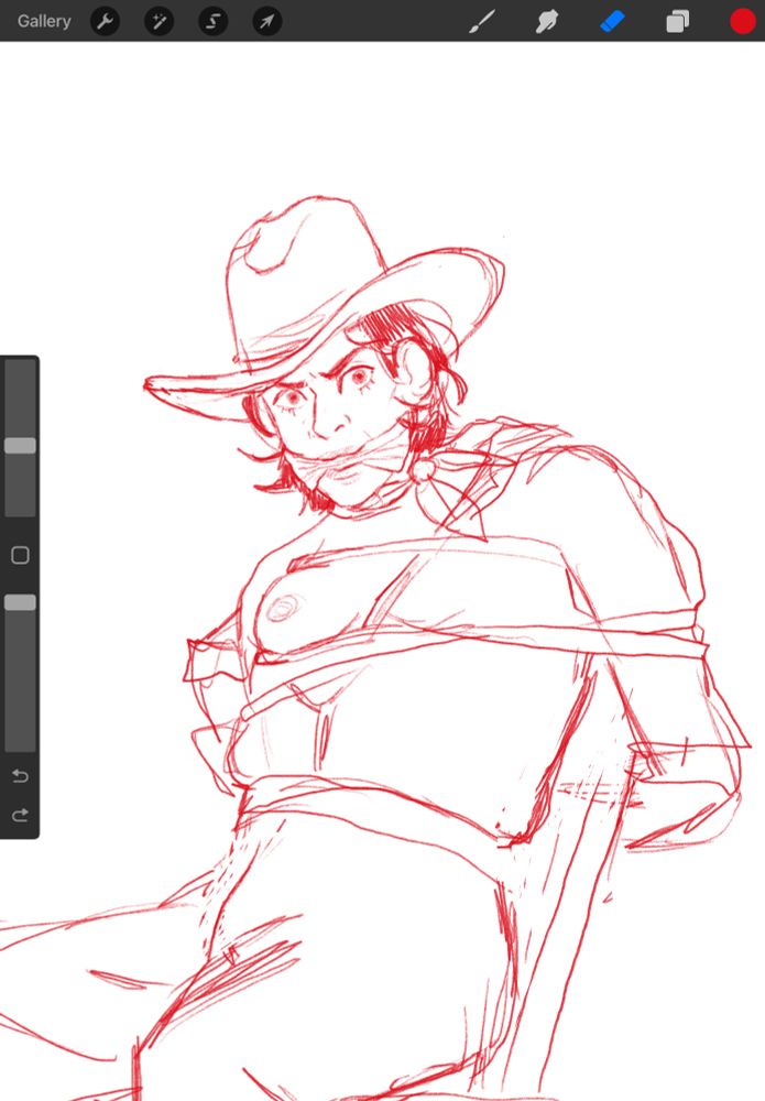 very very loose digital sketch of Lou, a cowgirl, bound and gagged, looking indignant 