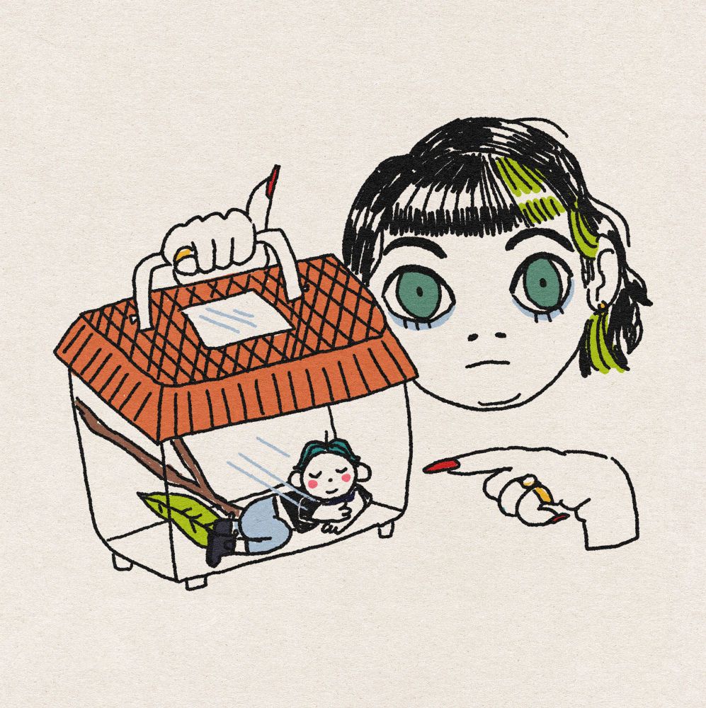 a drawing of my butch, peaceful and happily sleeping in a critter keeper while I hold aloft while making ominous eye contact with the viewer.
