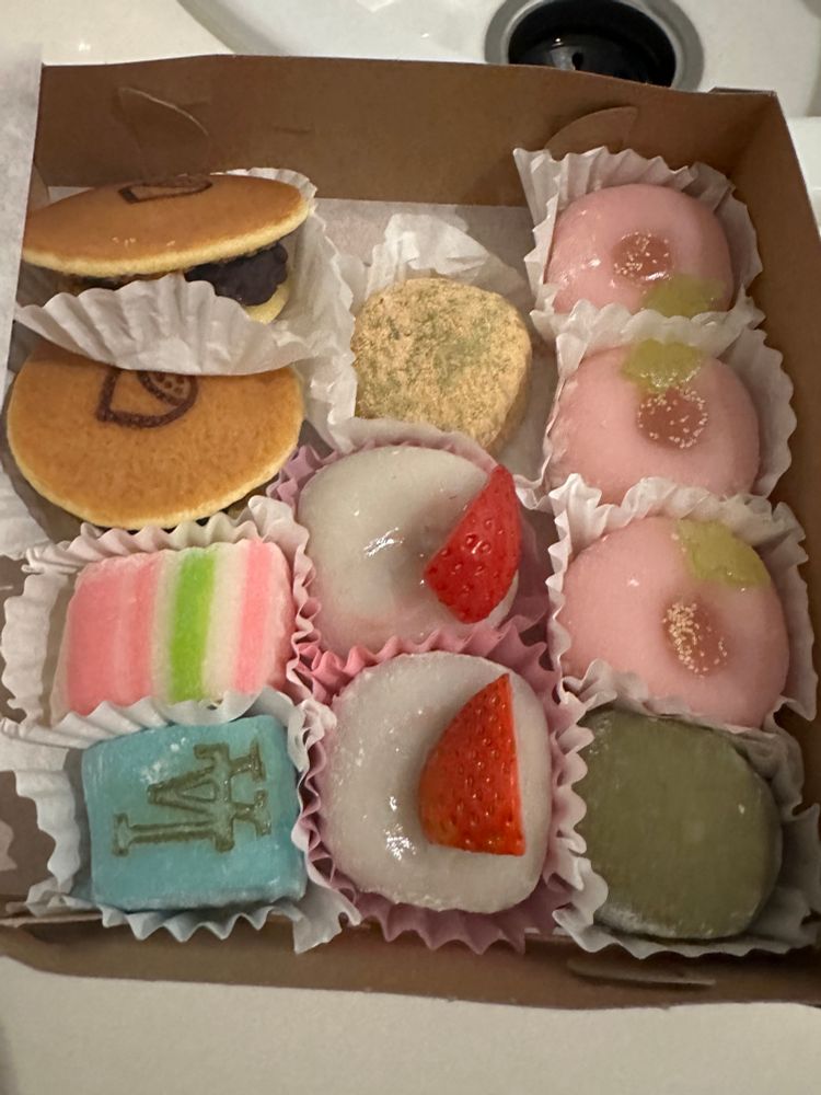 Our mochi (and dorayaki) selection. I was stressed out by the patrons coming in behind us… I wish I had gotten more striped guys!