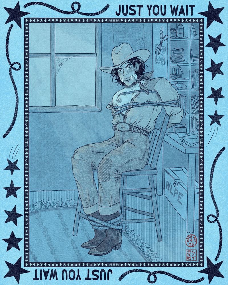 a monochromatic digital drawing (very dark blue digital pencil on cyan paper). Lou, a petite cowgirl with a black bob, is bound and gagged, tied to a chair in her place of business, a post office. Her shirt has been unbuttoned and pulled down on one side to reveal both her little titty and her big farmer's tan. She looks mad as hell!