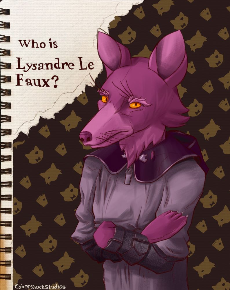 Illustration of a purple anthropomorphic fox, in rougish clothes. Text reads “who is Lysandre Le Faux?”