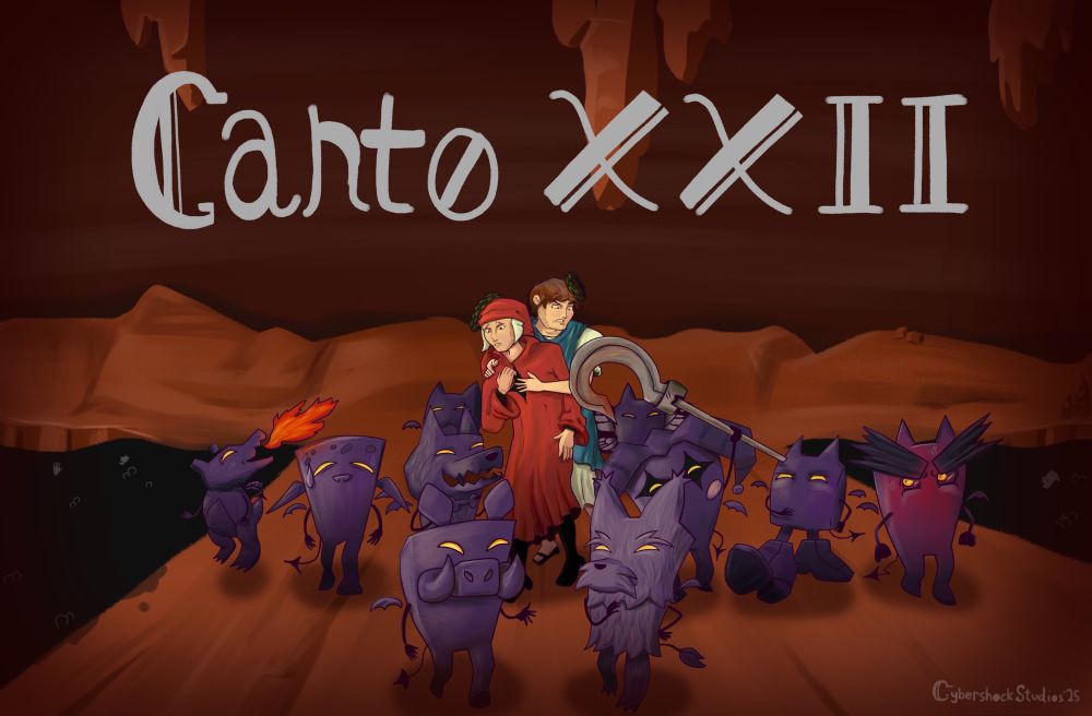 Illustration of Dante and Virgil walking across a rocky stretch of land between two lakes of boiling pitch, in Inferno. They are surrounded on each side by a swath of unruly imps. 

Large text above the piece reads “Canto XXII”

