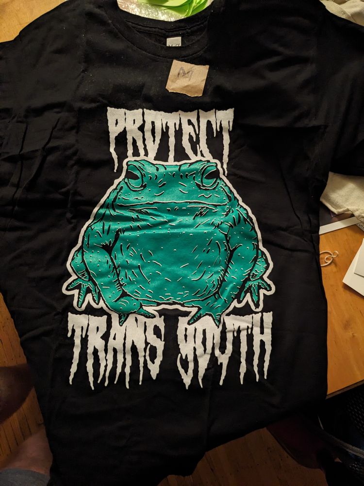 A black t-shirt that features a large green frog or toad and the phrase "PROTECT TRANS YOUTH."