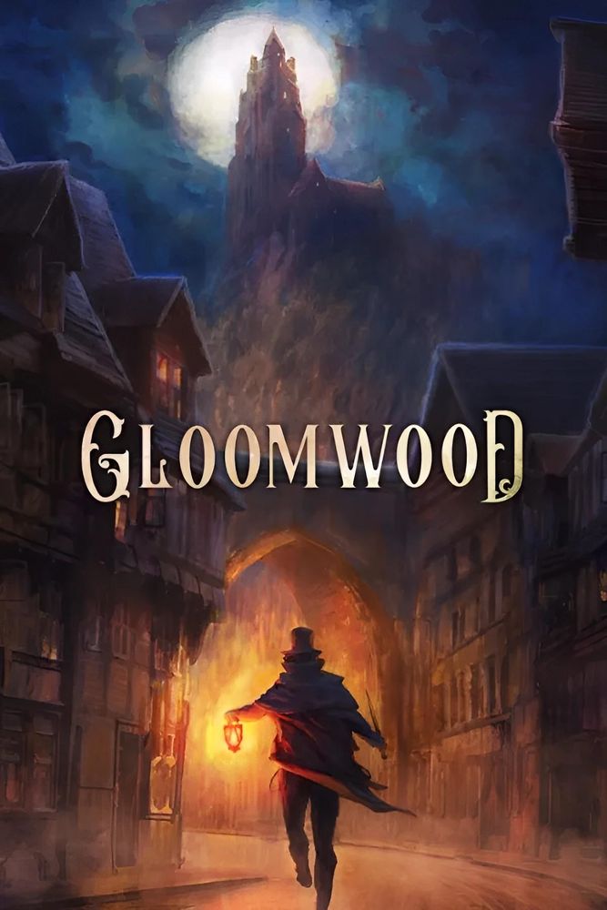 Promotional art for the video game Gloomwood, showing a person walking towards a moonlit citadel.