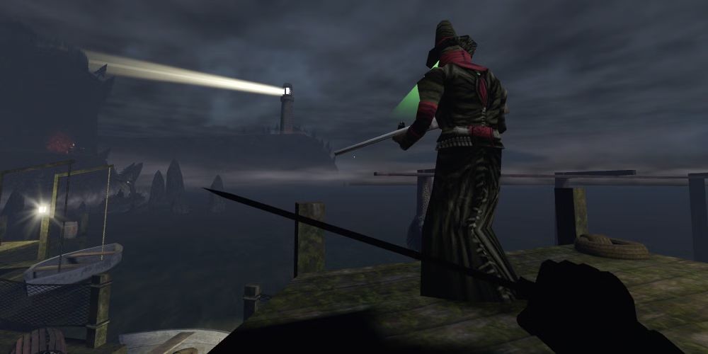 A screenshot of the video game Gloomwood, showing a strange figure stood on a dock with a lighthouse in the distance.