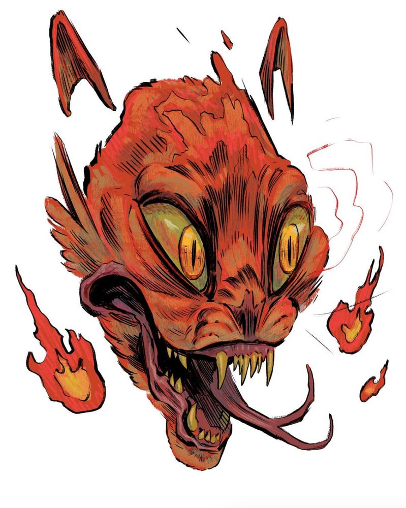 Illustration of a floating demonic cat-like head, snarling and sticking out a forked tongue with little flames floating around 