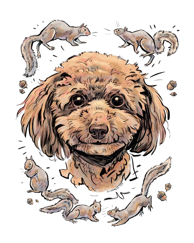 Illustration of a light  brown dog framed by squirrels and acorns