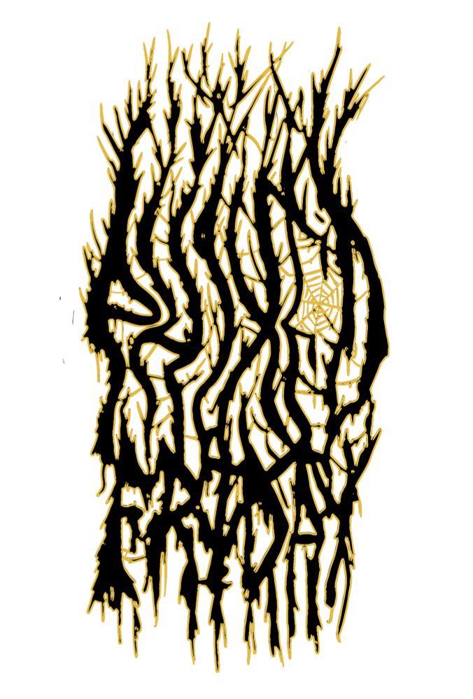 A metal logo that is black with yellow outlines. It is very hard to read but it says phixed Friday. 