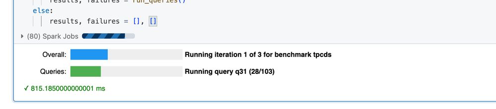 A Databricks notebook cell display 2 progress bars for a benchmark execution. The top bar displays the number of overall iterations as a horizontal blue progress bar. The bottom bar displays the number of queries in the current iteration as a horizontal green progress bar with the execution time of the last query in green text below. 