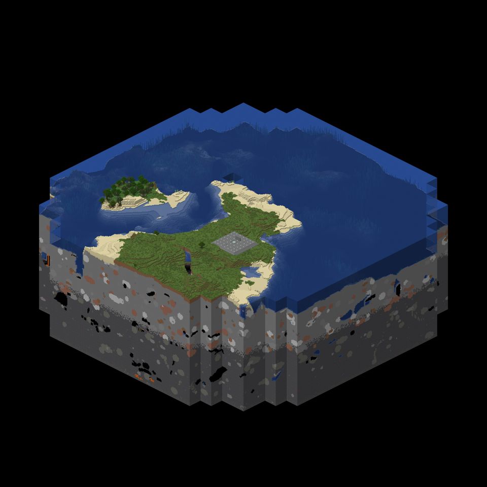 (This image has been automatically generated, because of that, I can not provide alt text.) It likely shows a Minecraft world with various terrain features such as mountains, forests, and bodies of water. The image appears to be a isometric view of the landscape, showcasing the diverse biomes and geographical features present in the game.