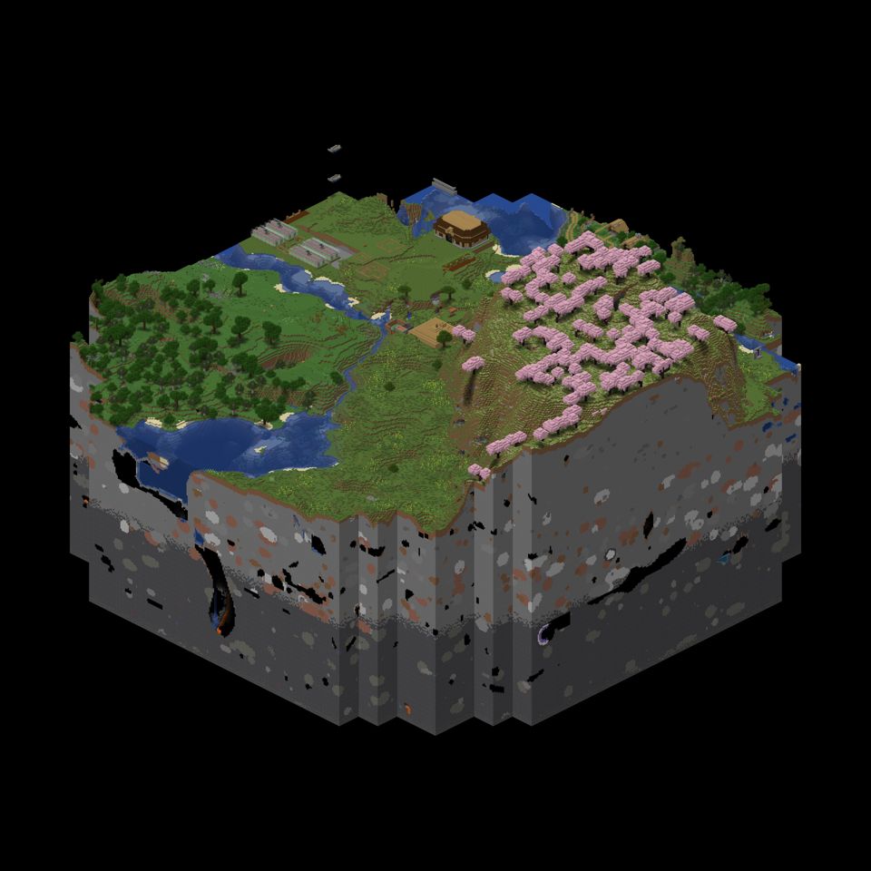 (This image has been automatically generated, because of that, I can not provide alt text.) It likely shows a Minecraft world with various terrain features such as mountains, forests, and bodies of water. The image appears to be a isometric view of the landscape, showcasing the diverse biomes and geographical features present in the game.