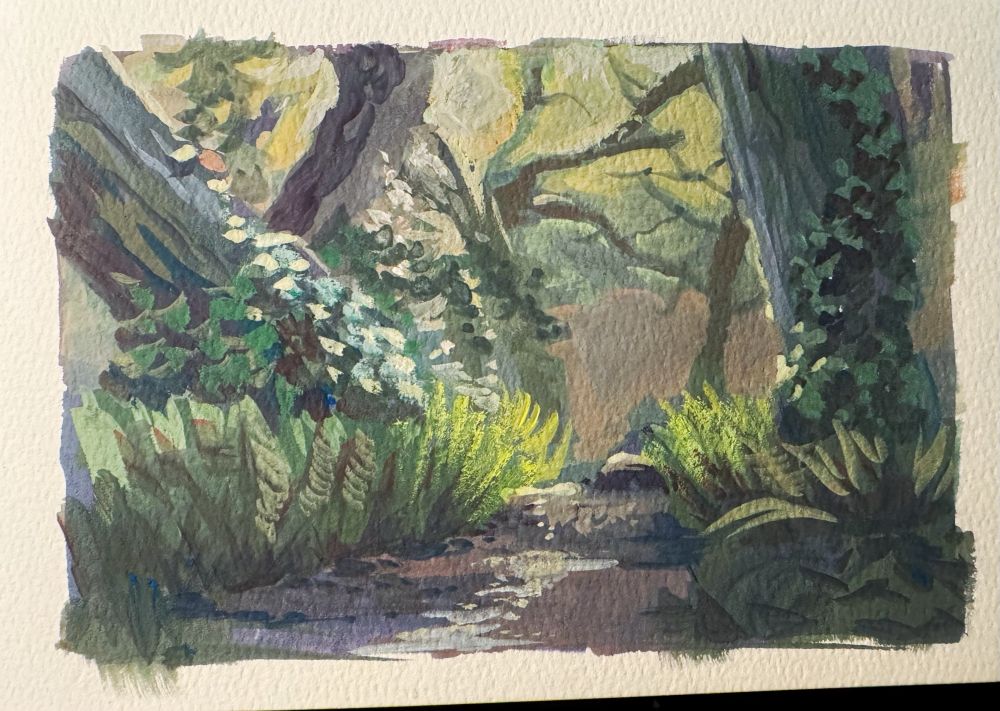 Gouache plein air sketch of two vine covered trees framing a sunlit dirt path
