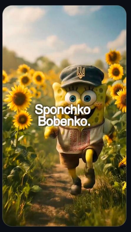 Sponchko Bobenko, also known as Ukrainian SpongeBob, running through a sunflower field