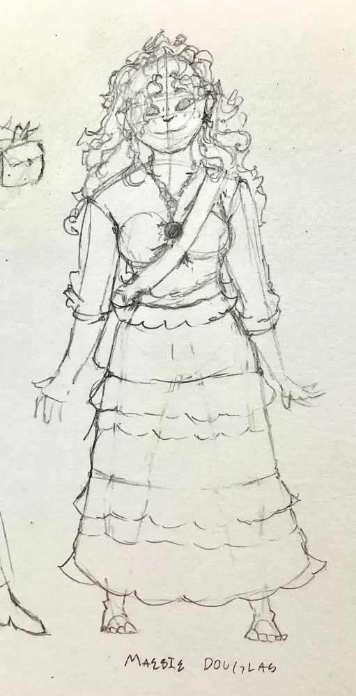 A pencil drawing of a young woman with wild, curly hair and freckles. She is dressed in a blouse and long ruffled skirt. The drawing is labeled “Maesie Douglas”. 